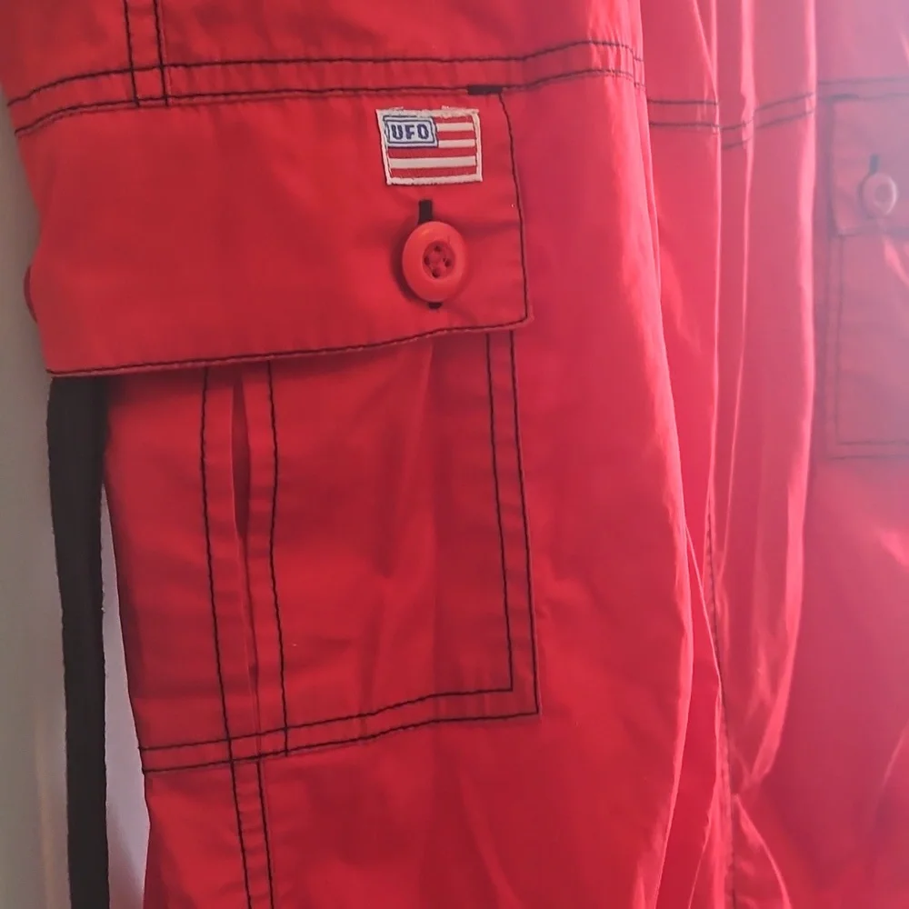 unisex sz l vintage ufo parachute cargo pockets pants red w/ black flames - Picture 3 of 6